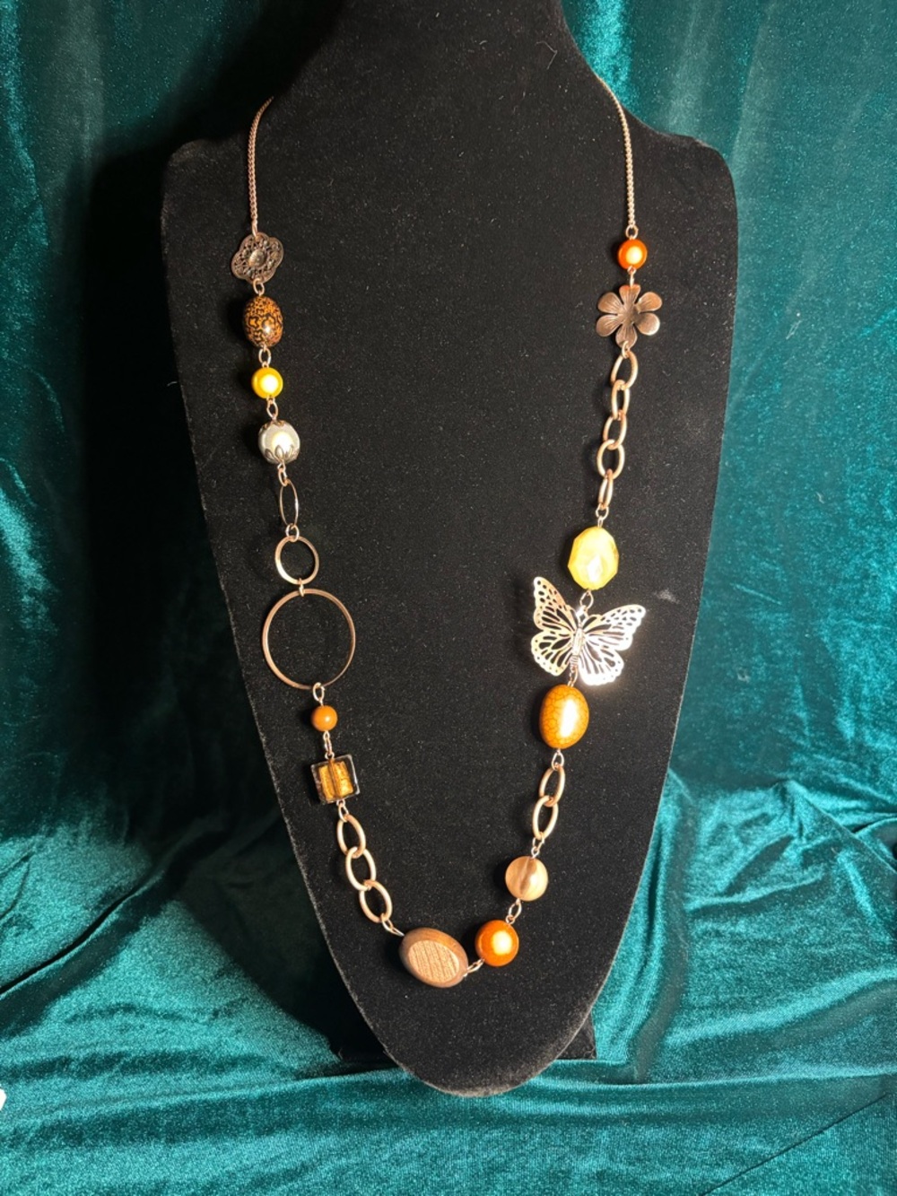 Long Bohemian Style Rose Gold-Tone Chain Beaded Butterfly Necklace